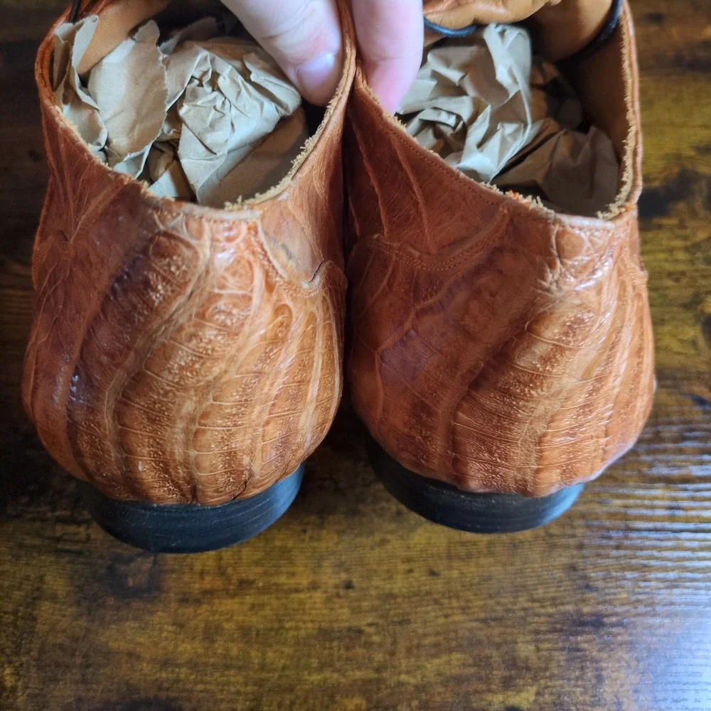 DU Mauri Cognac Alligator Skin Textured Leather Made in Italy Shoes Topy Sole